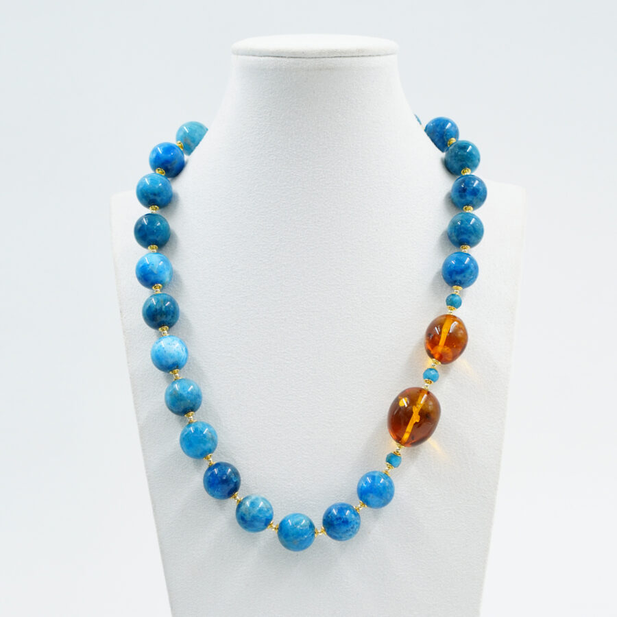 Collana con Apatite, Ambra Cognac, ematite, chiusura in argento - Dorato