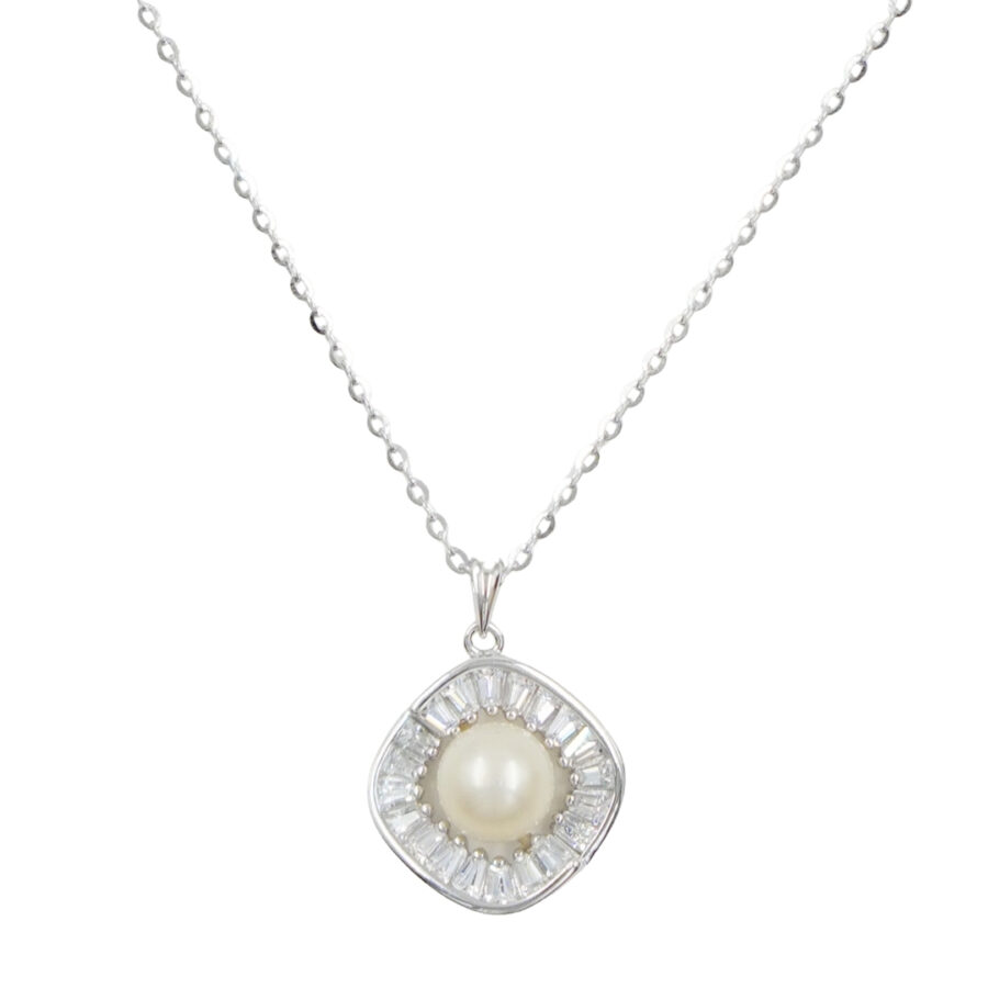 Collana in argento con ciondolo perla e zirconi – Rodiato