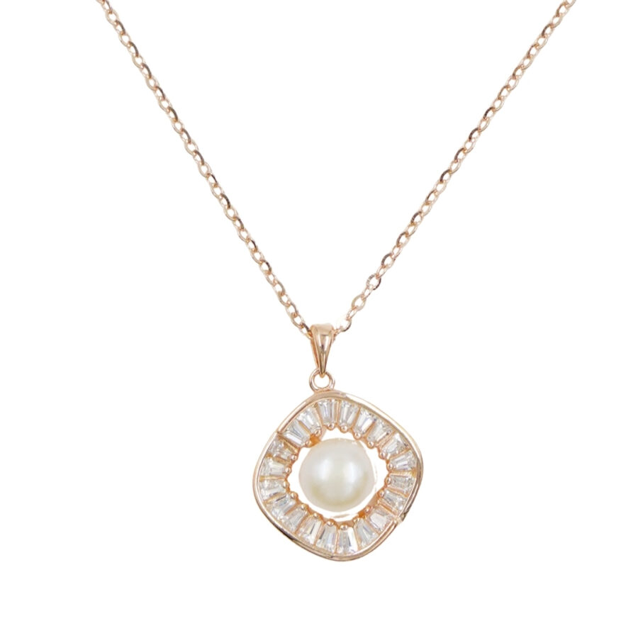 Collana in argento con ciondolo perla e zirconi – Rosè