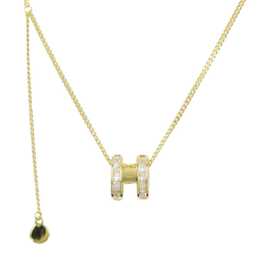Collana in argento con ciondolo forma H con zirconi e madreperla – Dorato