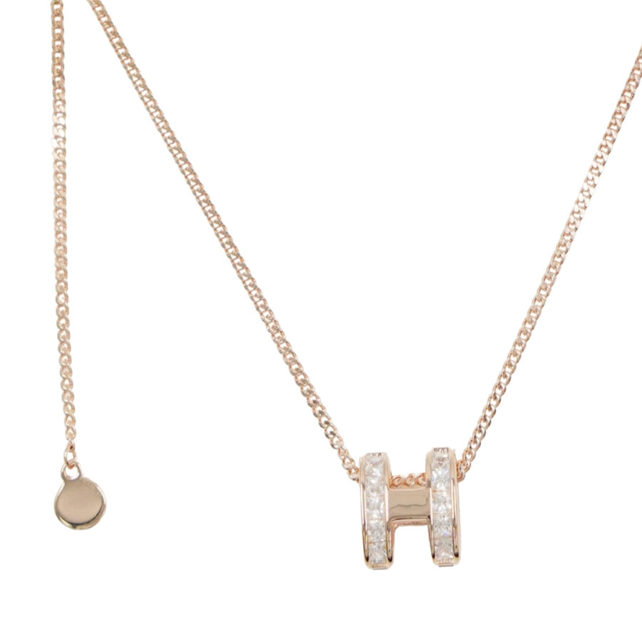 Collana in argento con ciondolo forma H con zirconi e madreperla – Rosè