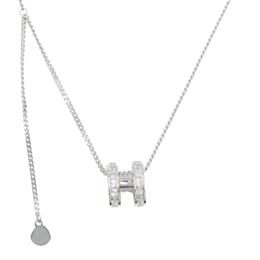 Collana in argento con ciondolo forma H con zirconi e madreperla – Rodiato