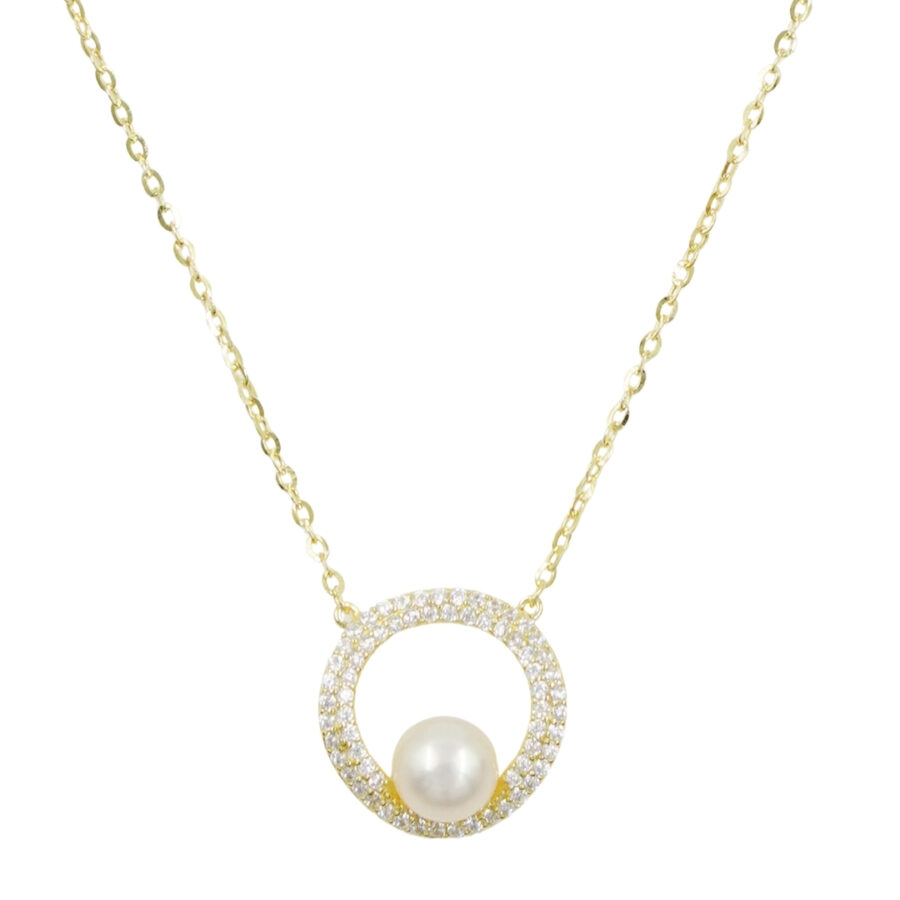Collana in argento con ciondolo con zirconi e perla – Dorato