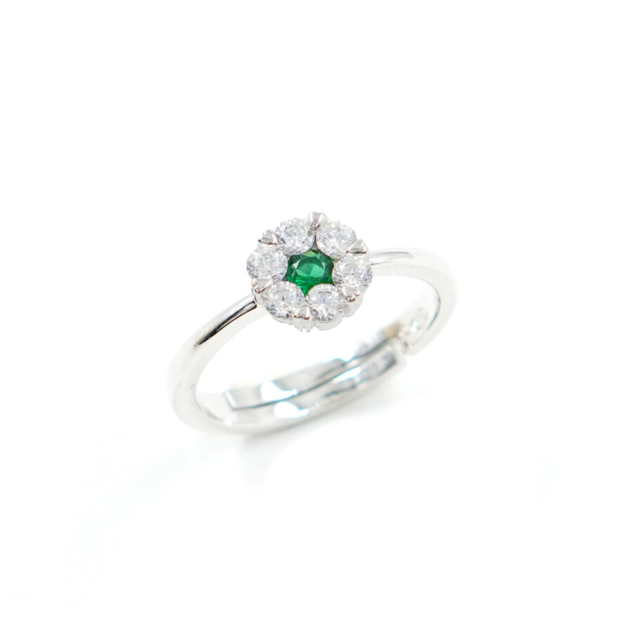 Anello in argento con zirconi bianchi e verde - Rodiato