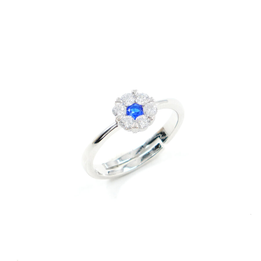 Anello in argento con zirconi bianchi e blu - Rodiato