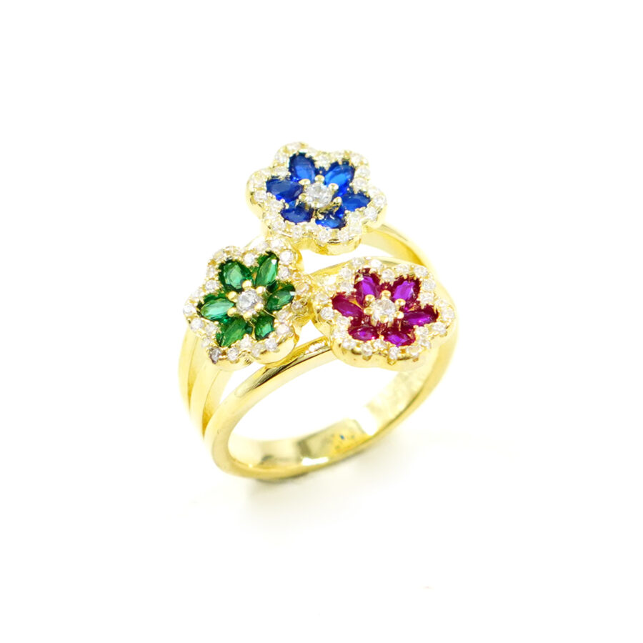 Anello in argento con tre fiori e zirconi rossi, blu, verdi – Dorato