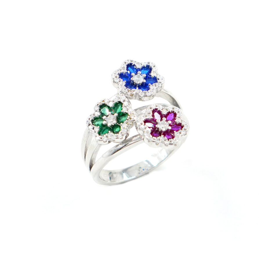 Anello in argento con tre fiori e zirconi rossi, blu, verdi - Rodiato