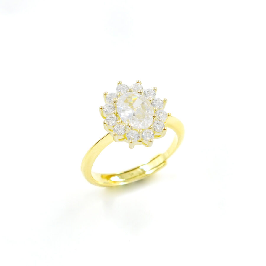 Anello in argento 925 con zircone ovale bianco e giro di zirconi bianchi – Dorato