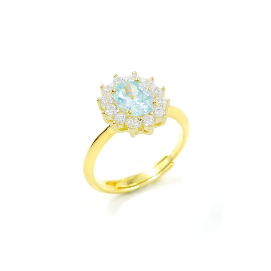 Anello in argento 925 con zircone ovale azzurro e giro di zirconi bianchi – Dorato