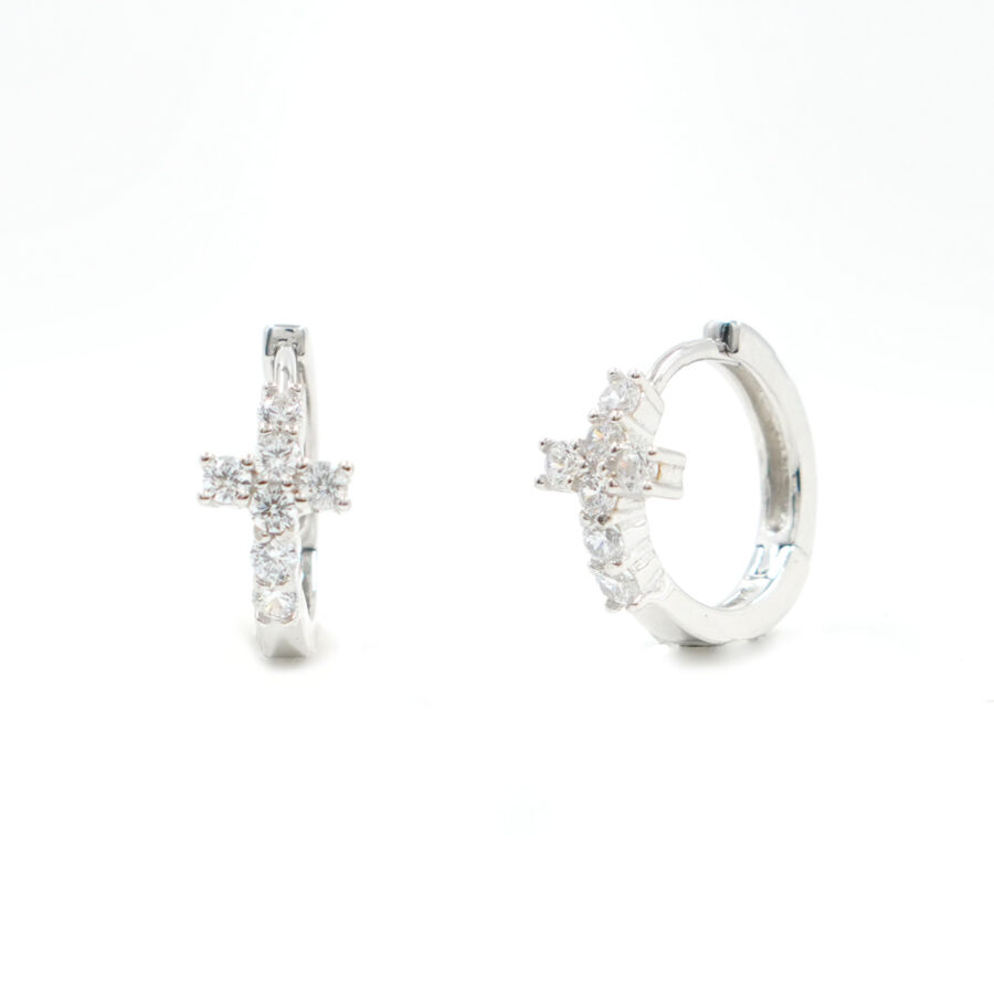Orecchini in argento con croce zirconi a baionetta 12mm – Rodiato