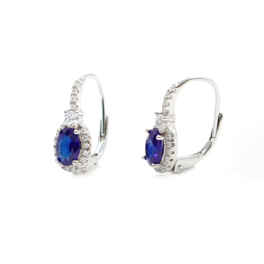 Orecchini in argento a monachella con zirconi blu e bianchi – Rodiato