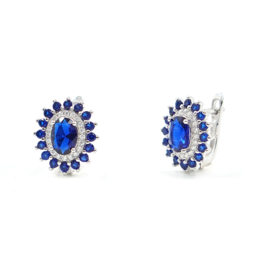 Orecchini halo in argento con zirconi blu e bianchi – Rodiato
