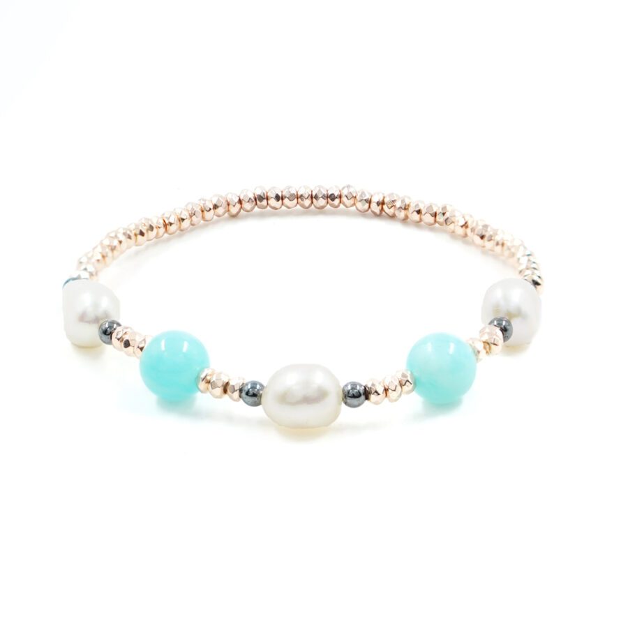 Bracciale Elastico con ematite dorata, amazzonite, perle