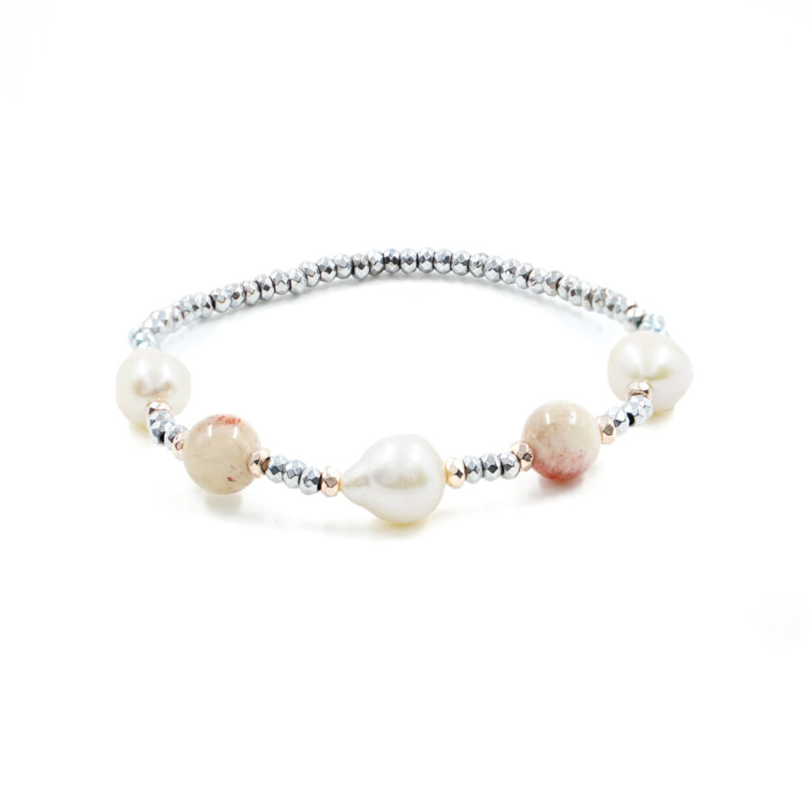Bracciale Elastico con ematite silver, pietra del sole, perle