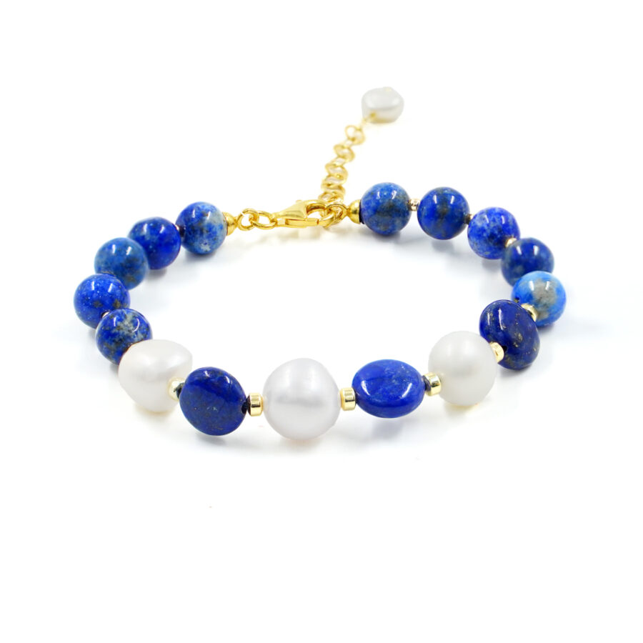 Bracciale con lapis, perle, ematite, chiusura in argento – Dorato