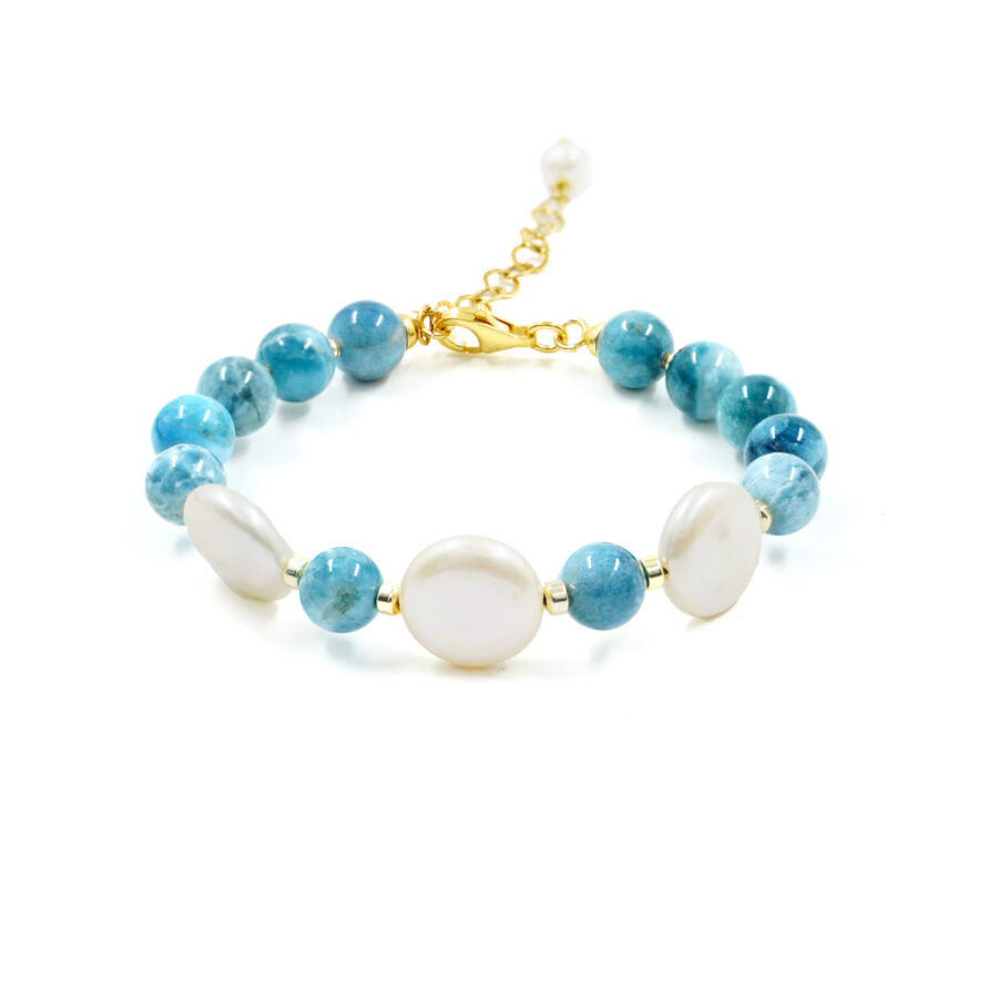Bracciale con apatite, perle, ematite, chiusura in argento – Dorato
