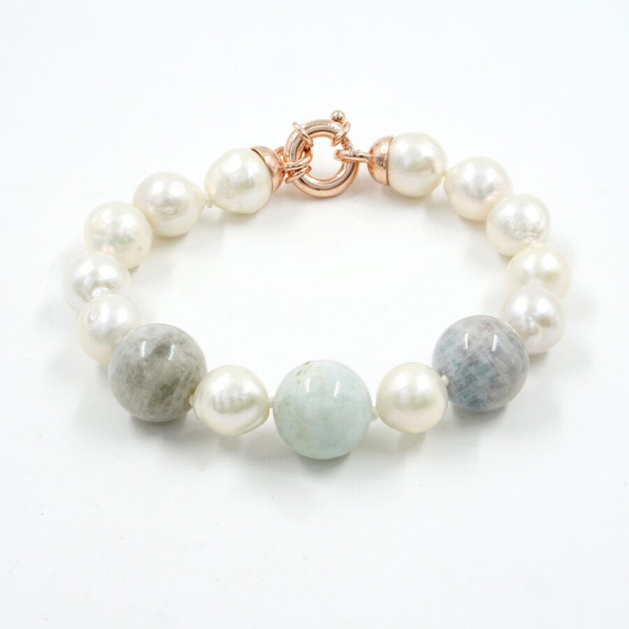 Bracciale con perle, acquamarina, chiusura in argento – Rosè