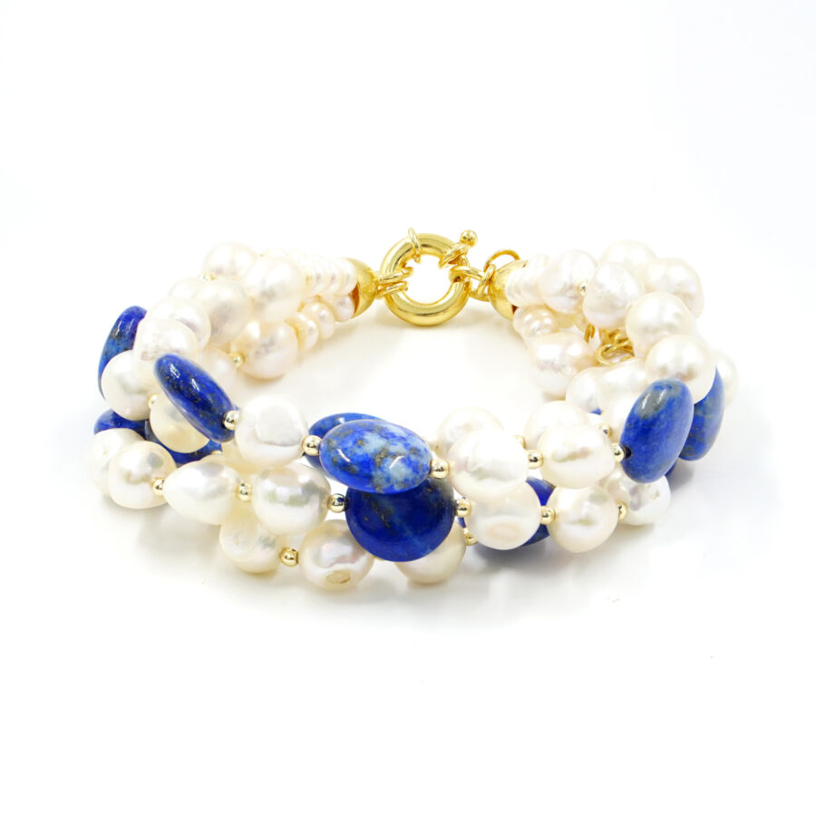 Bracciale Multifilo con lapis, perla, ematite, chiusura in argento – Dorato