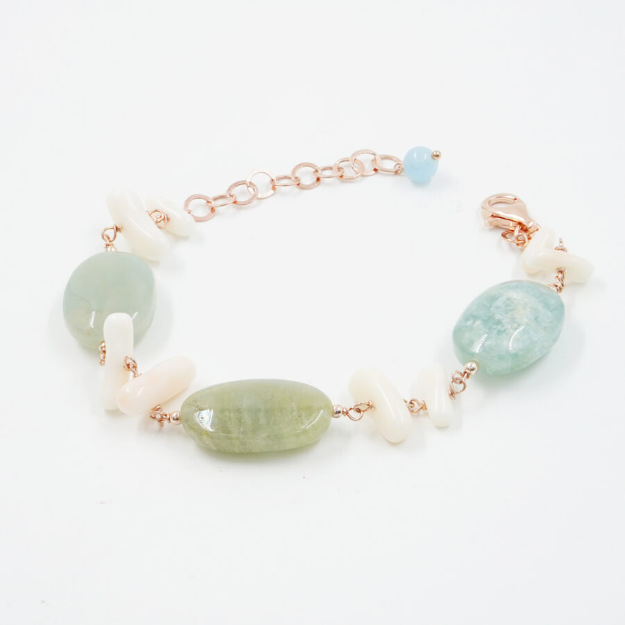 Bracciale ammagliato con acquamarina, corallo rosa, chiusura in argento - Rosè