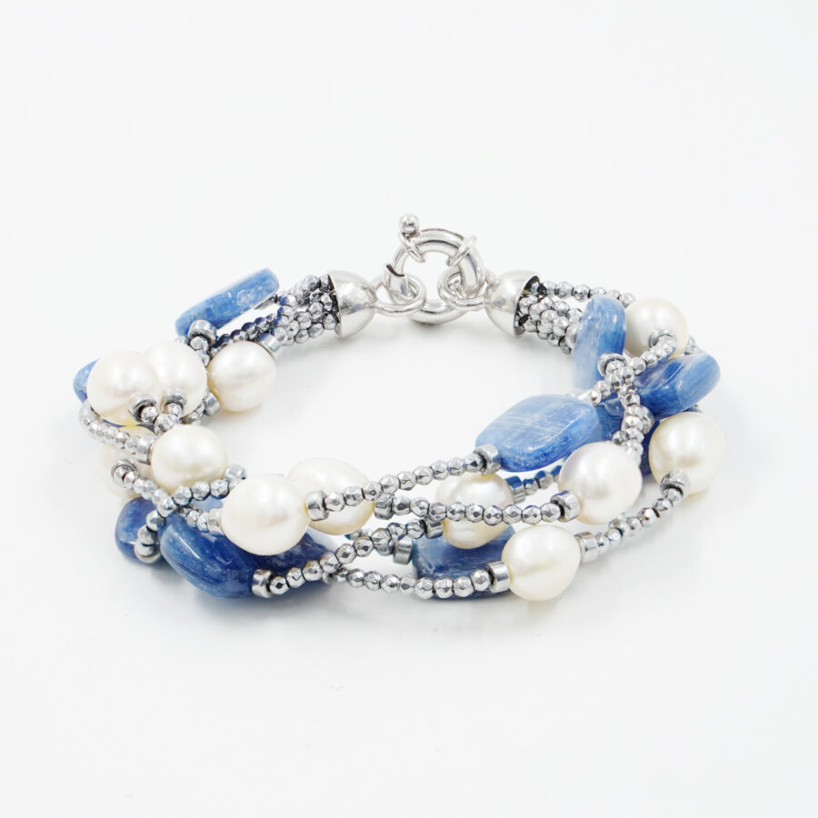 Bracciale Multifilo con ematite silver, cianite, perle, chiusura in argento - Rodiato