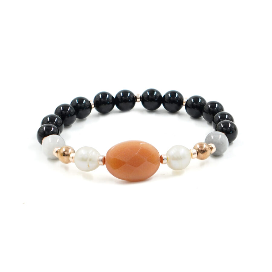 Bracciale Elastico con agata nera, pietra di Luna, perla, ematite