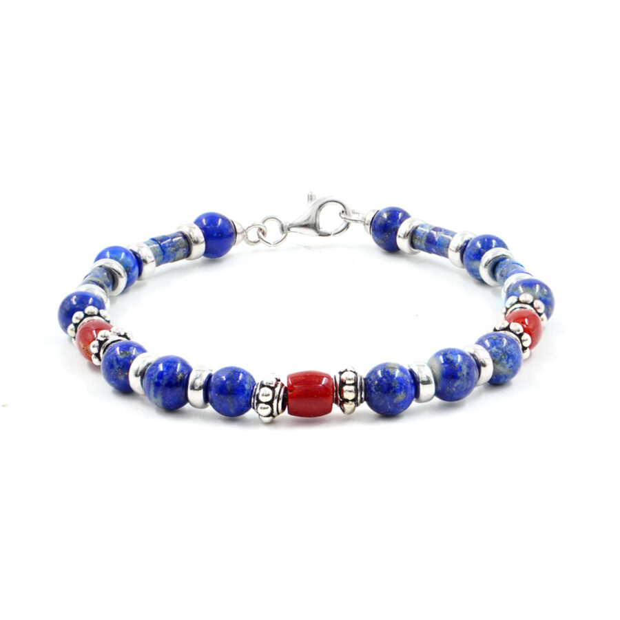 Bracciale con lapis, corallo, chiusura in argento - Rodiato