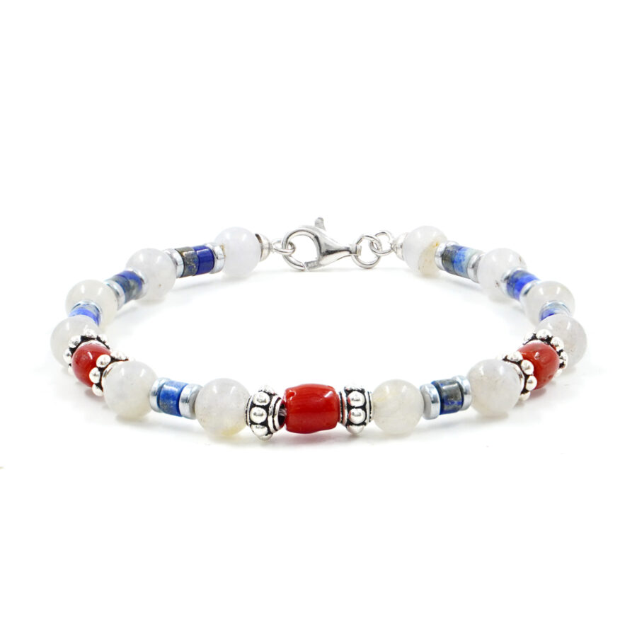 Bracciale con iolite, lapis, corallo, chiusura in argento – Rodiato