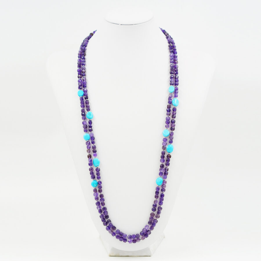 Collana Multifilo con ametista, turchese, ematite, chiusura in argento – Rodiato