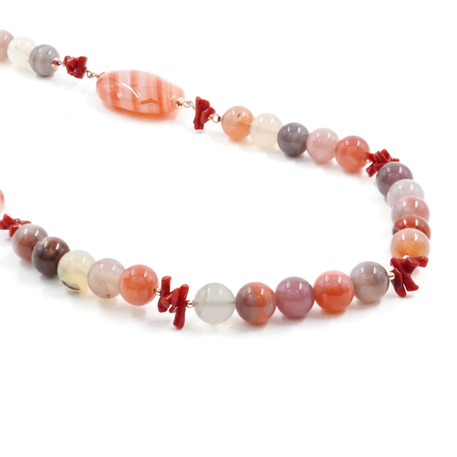 Collana con agata Botswana rossa, corallo, ematite, chiusura in argento – Rosè