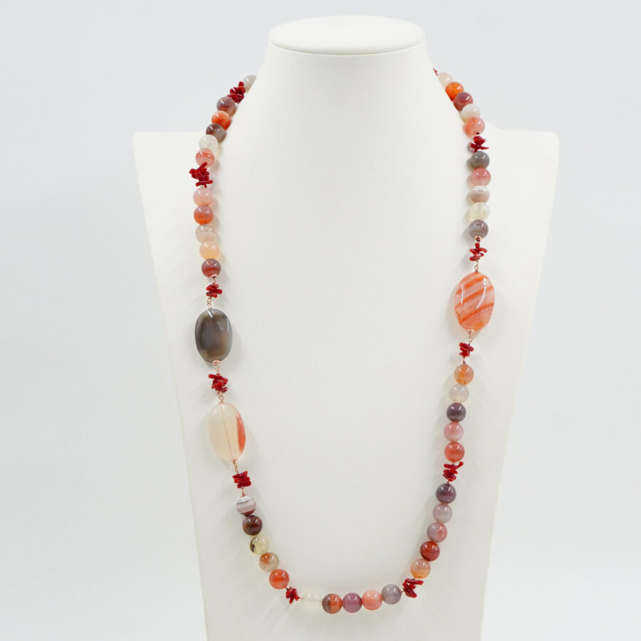 Collana con agata Botswana rossa, corallo, ematite, chiusura in argento – Rosè - immagine 2