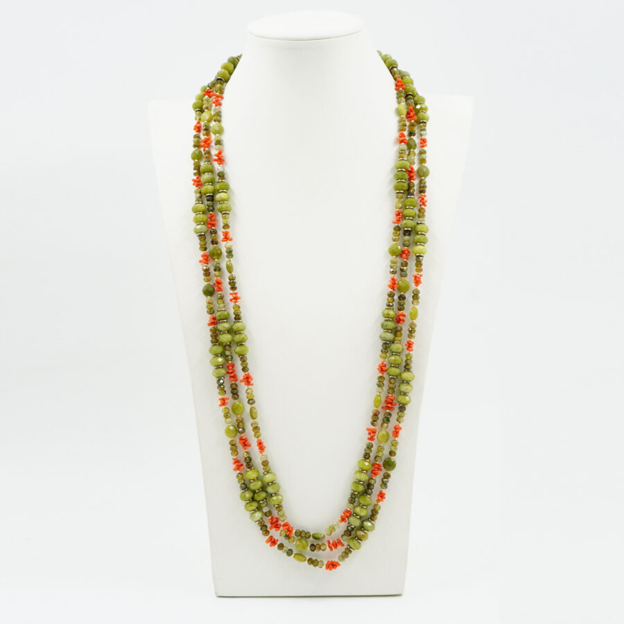 Collana Multifilo con giada Canadese, granato verde, corallo, ematite, chiusura in argento – Dorato - immagine 2
