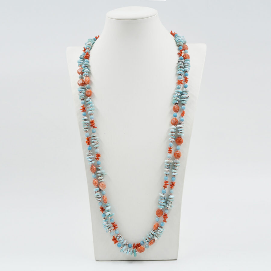 Collana Multifilo con chips di larimar, calcite arancio, corallo, ematite, chiusura in argento – Rosè - immagine 2