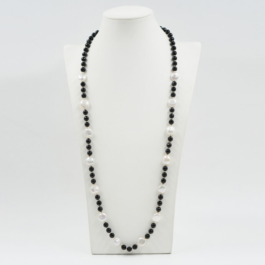 Collana con agata nera, perle, ematite, chiusura in argento – Dorato - immagine 2