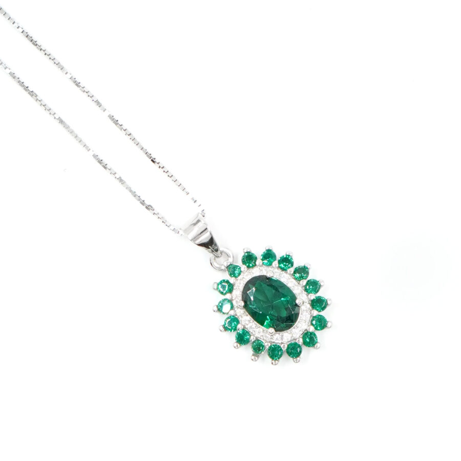 Collana halo in argento con zircone verde e giro di zirconi bianchi e verdi – Rodiato