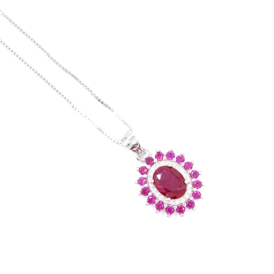 Collana halo in argento con zircone rosso e giro di zirconi bianchi e rossi – Rodiato