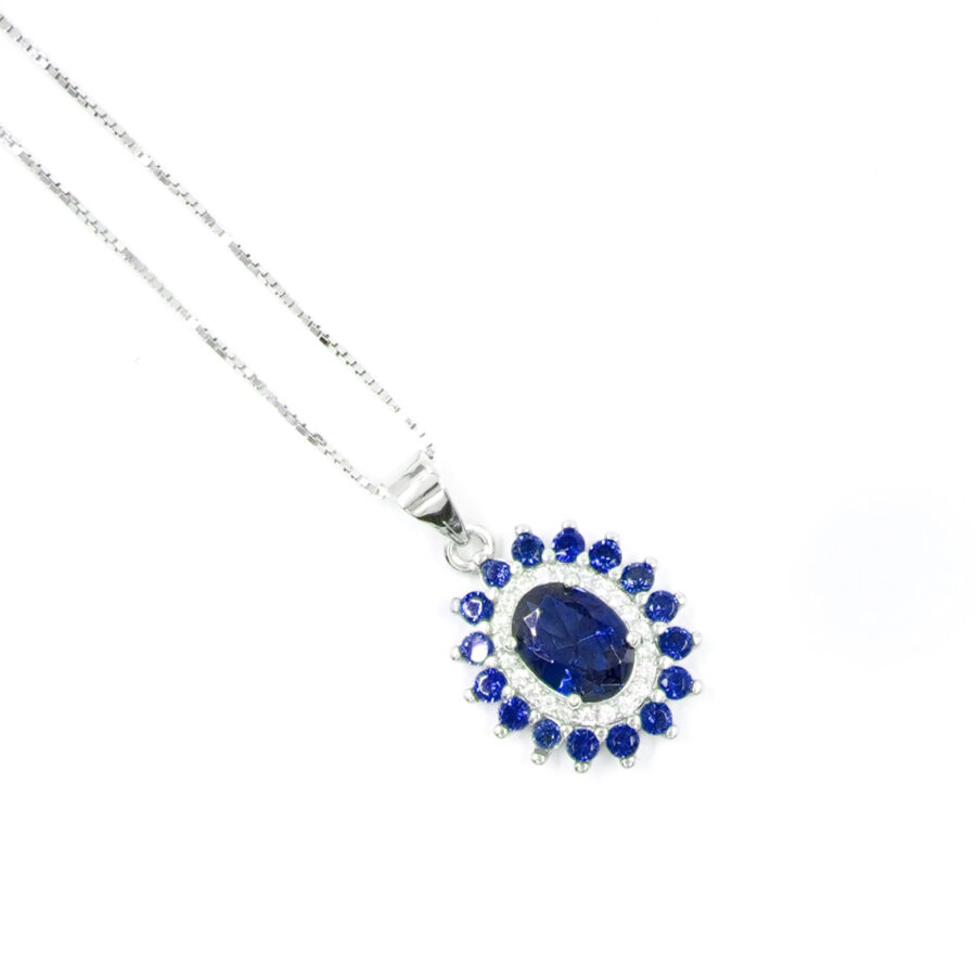 Collana halo in argento con zircone blu e giro di zirconi bianchi e blu – Rodiato