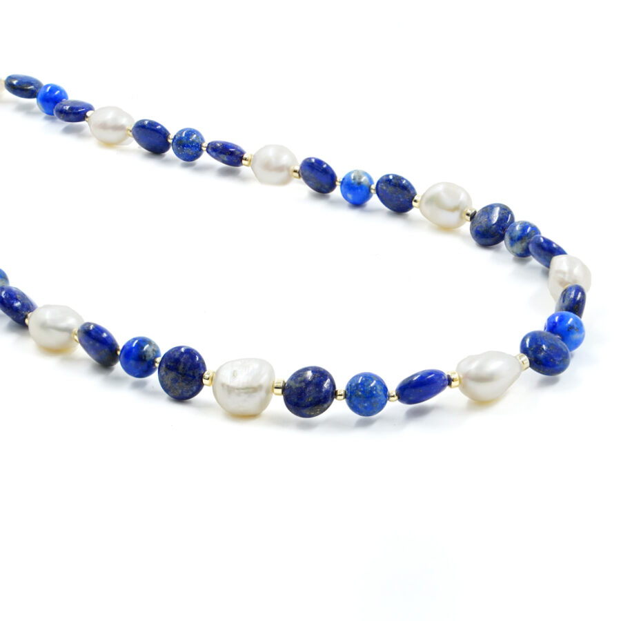 Collana con lapis, perle, ematite, chiusura in argento – Dorato