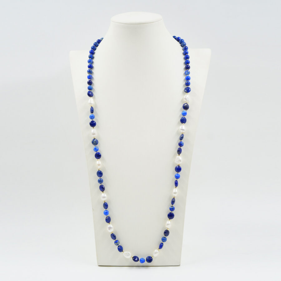 Collana con lapis, perle, ematite, chiusura in argento – Dorato - immagine 2