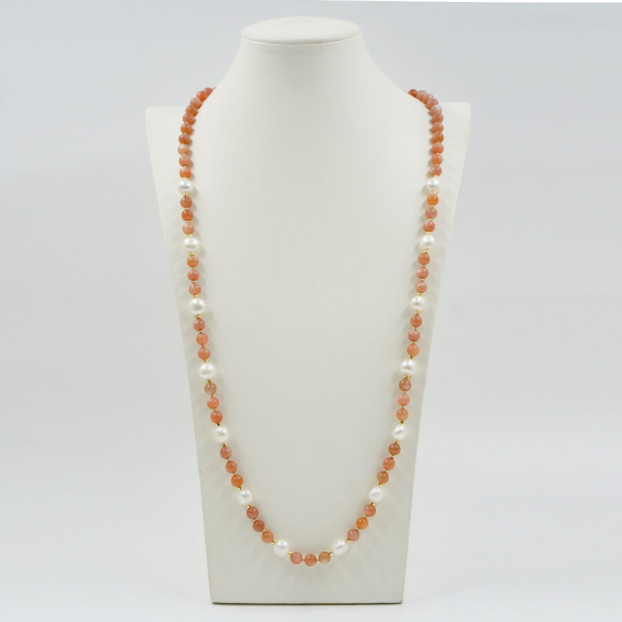 Collana con pietra di Luna, perle, ematite, chiusura in argento – Dorato - immagine 2