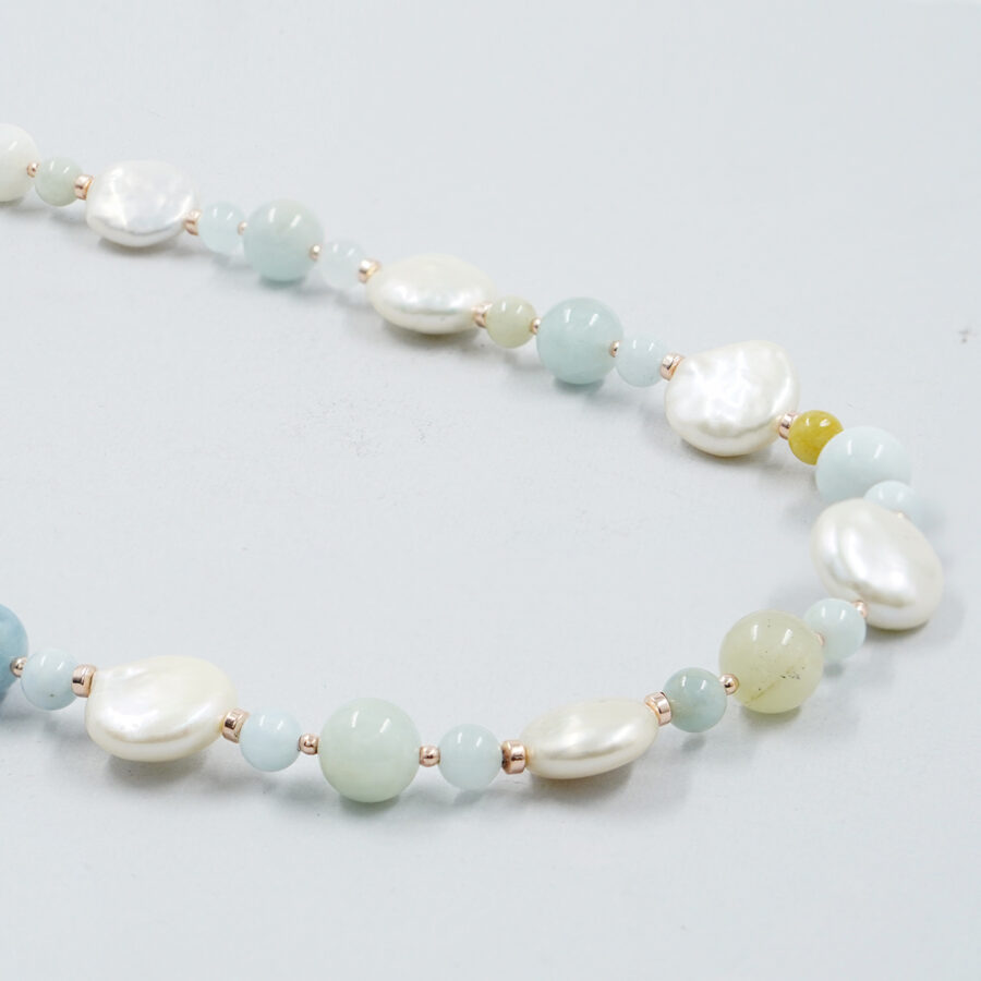 Collana con acquamarina, perle, ematite, chiusura in argento – Rosè