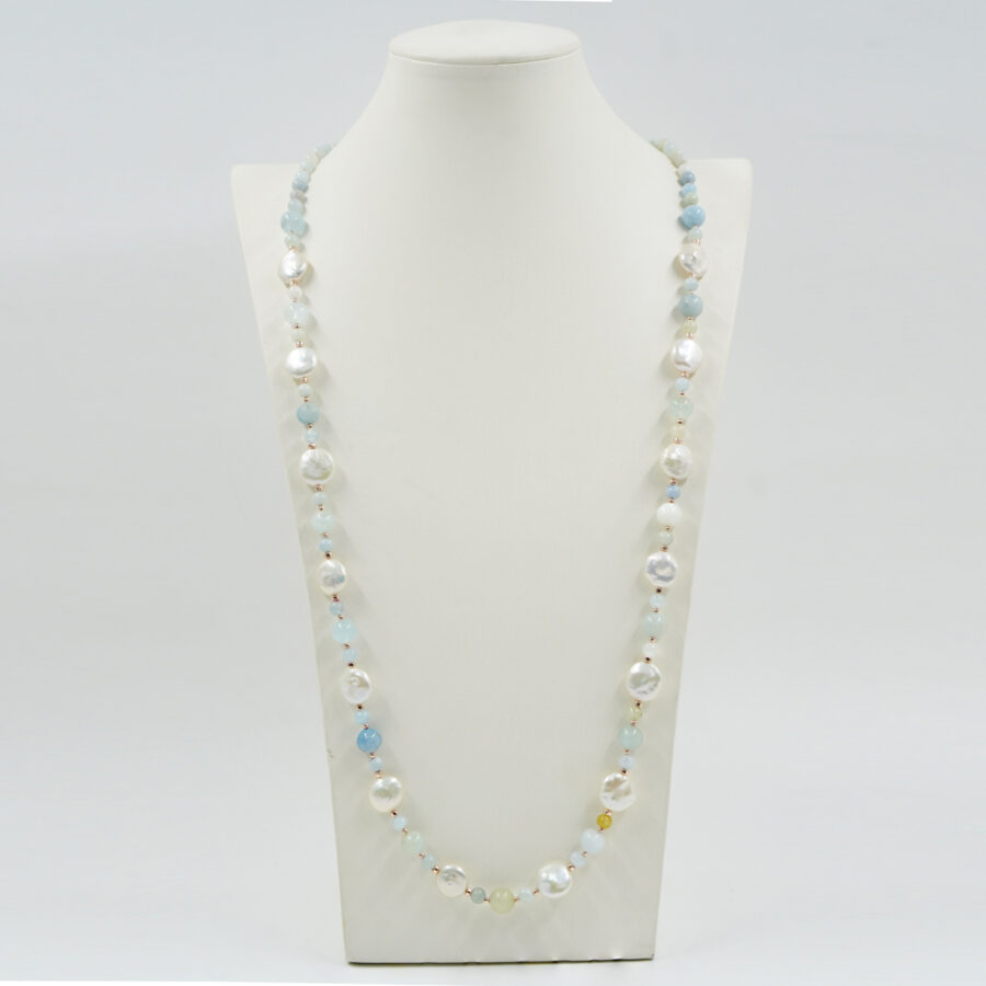 Collana con acquamarina, perle, ematite, chiusura in argento – Rosè - immagine 2