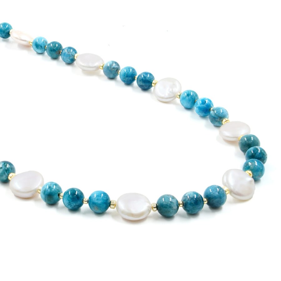 Collana con apatite, perle, ematite, chiusura in argento – Dorato
