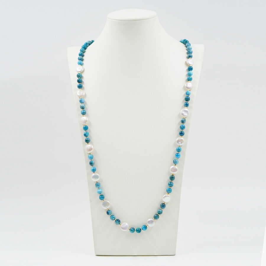 Collana con apatite, perle, ematite, chiusura in argento – Dorato - immagine 2