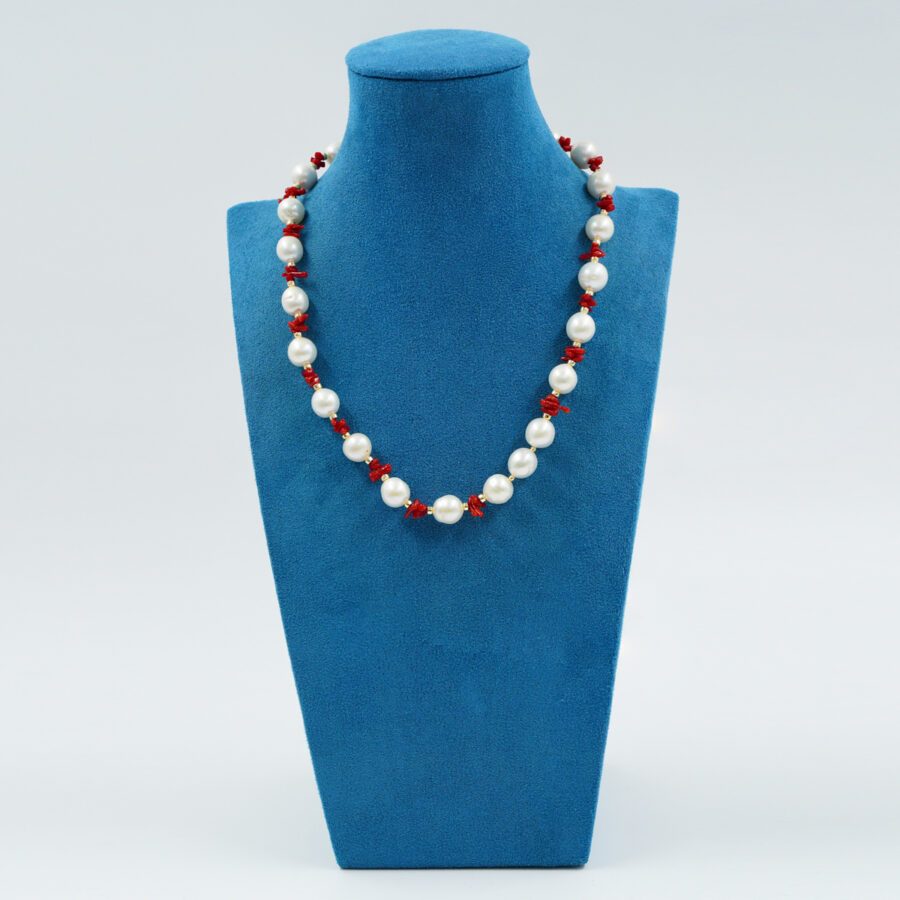 Collana Fantasia perle Edison, corallo, ematite, chiusura in argento – Dorato