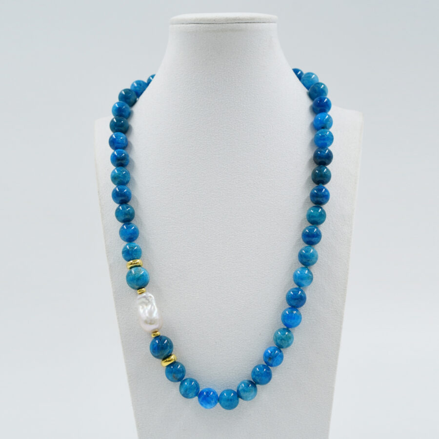 Collana con apatite, perla barocca, chiusura in argento - Dorato