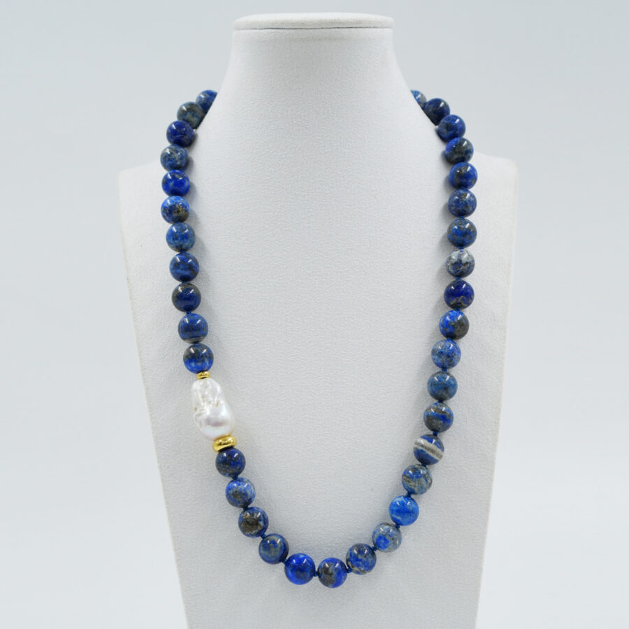 Collana con lapis, perla barocca, chiusura in argento - Dorato