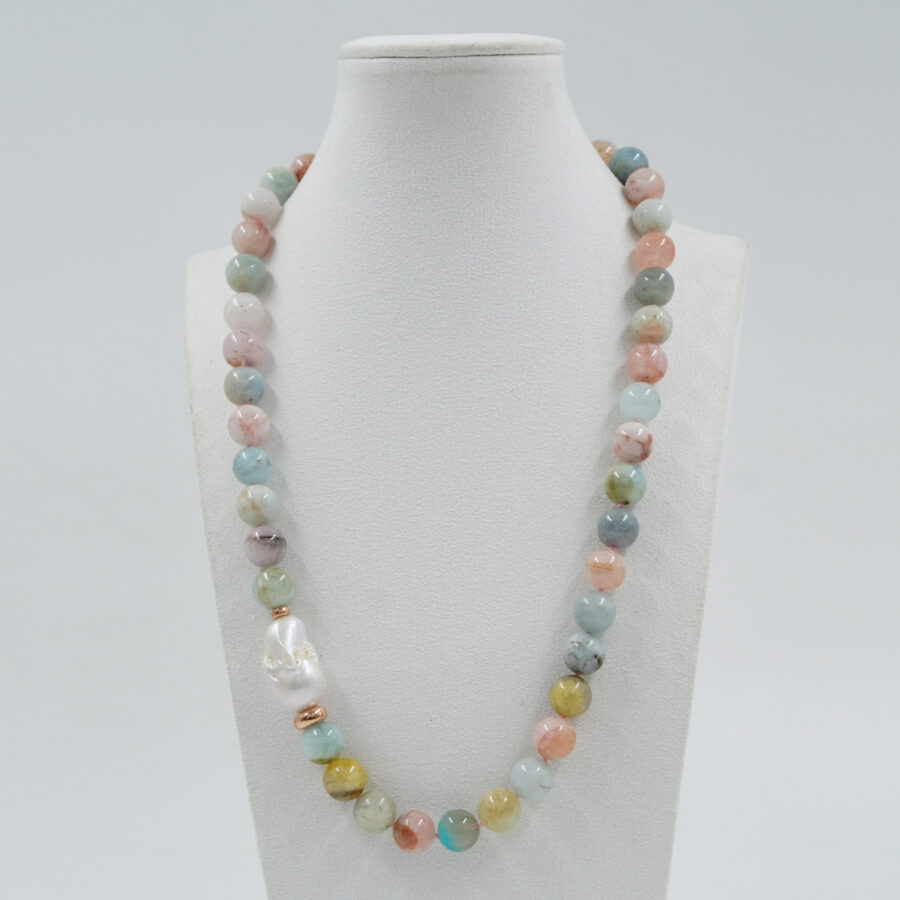 Collana con berillo, perla barocca, chiusura in argento - Rosè