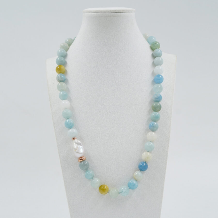 Collana con acquamarina, perla barocca, chiusura in argento - Rosè