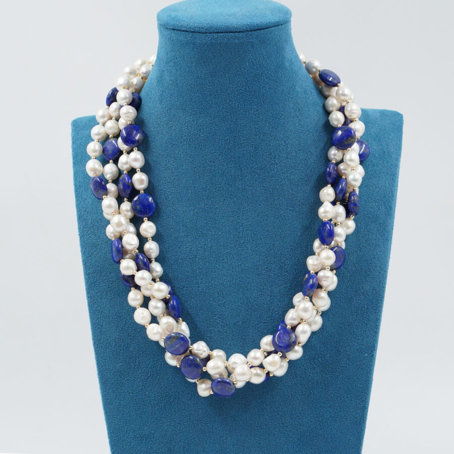Collana Multifilo con lapis, perla, ematite, chiusura in argento – Dorato