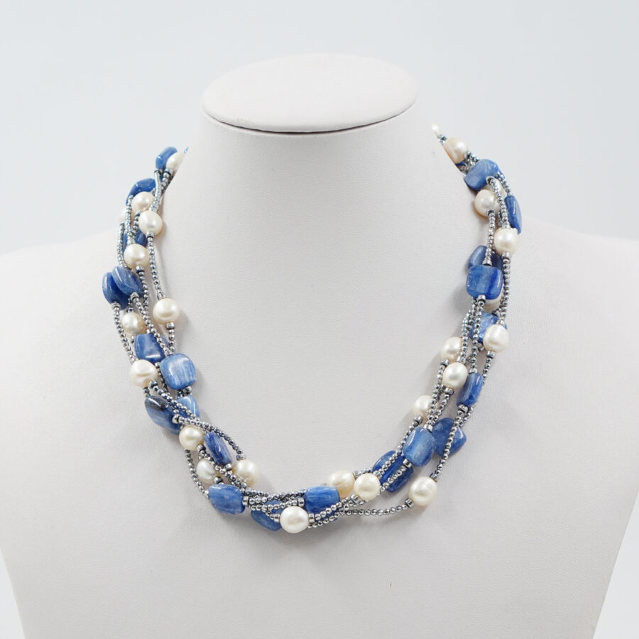 Collana Multifilo con ematite silver, cianite, perle, chiusura in argento - Rodiato